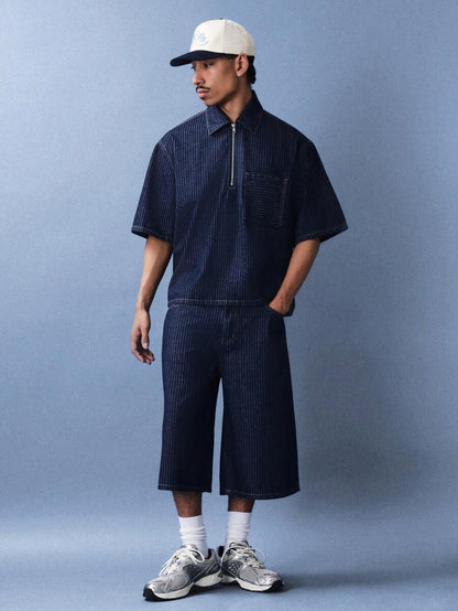 Indigo Pinstripe Quarter-Zip men's shirt - piqué cotton with metal zip